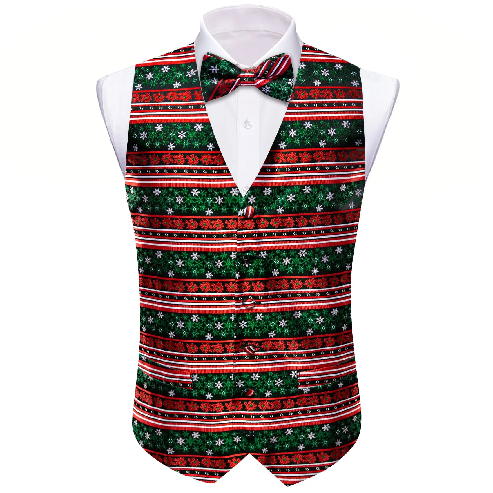 Ties2you Christmas Vest Red Green Snowflake Novelty Silk Men's Vest Bowtie Set