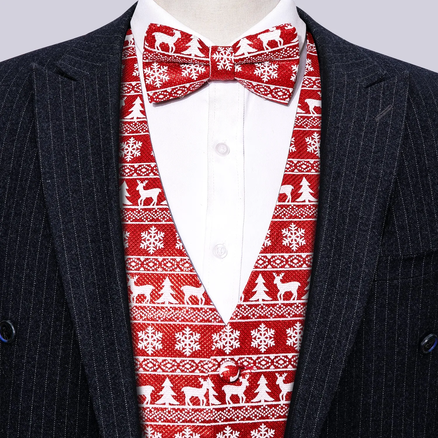 Ties2you Christmas Vest Red Snow Elk Striped Silk Men's Tuxedo Vest Bow Tie Set Waistcoat Suit Set