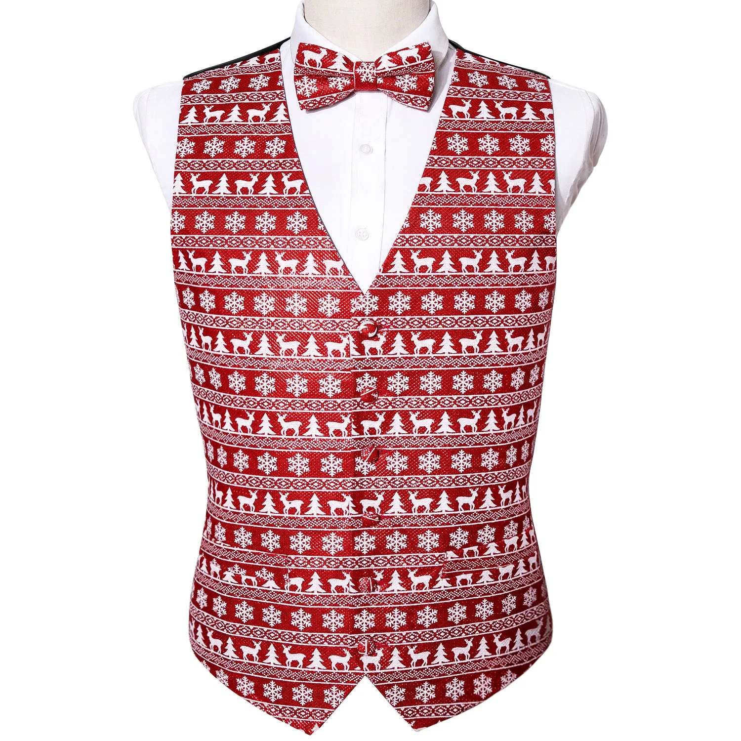 Ties2you Christmas Vest Red Snow Elk Striped Silk Men's Tuxedo Vest Bow Tie Set Waistcoat Suit Set