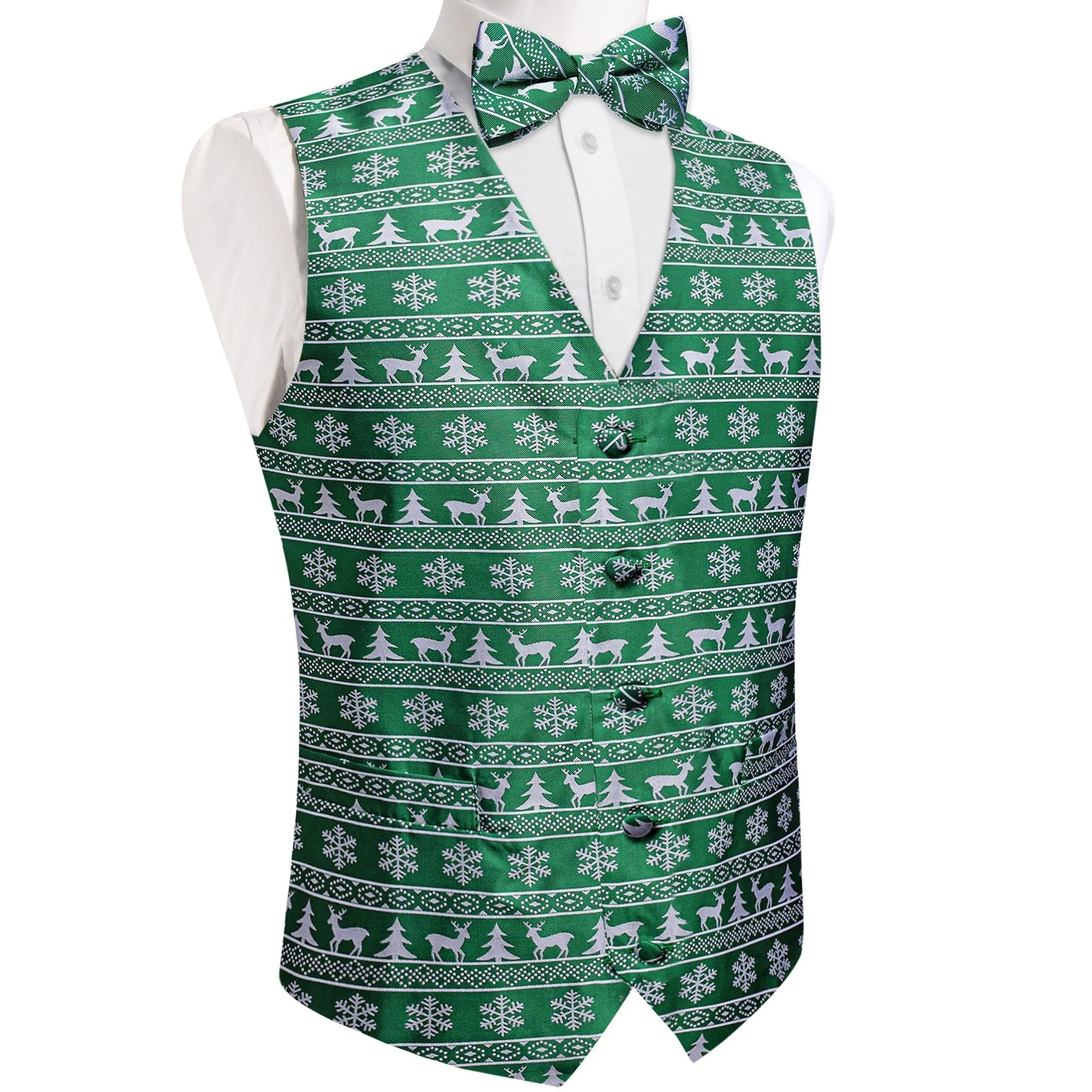 Ties2you Green Vest Novelty Christmas White Deer Men's Vest with Bow Tie Set