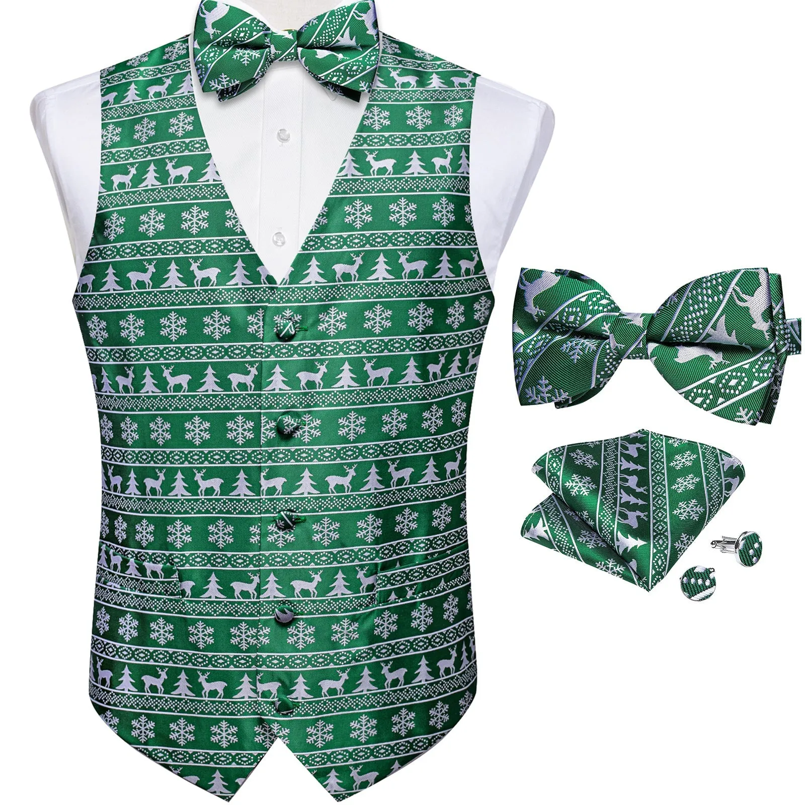 Ties2you Green Vest Novelty Christmas White Deer Men's Vest with Bow Tie Set