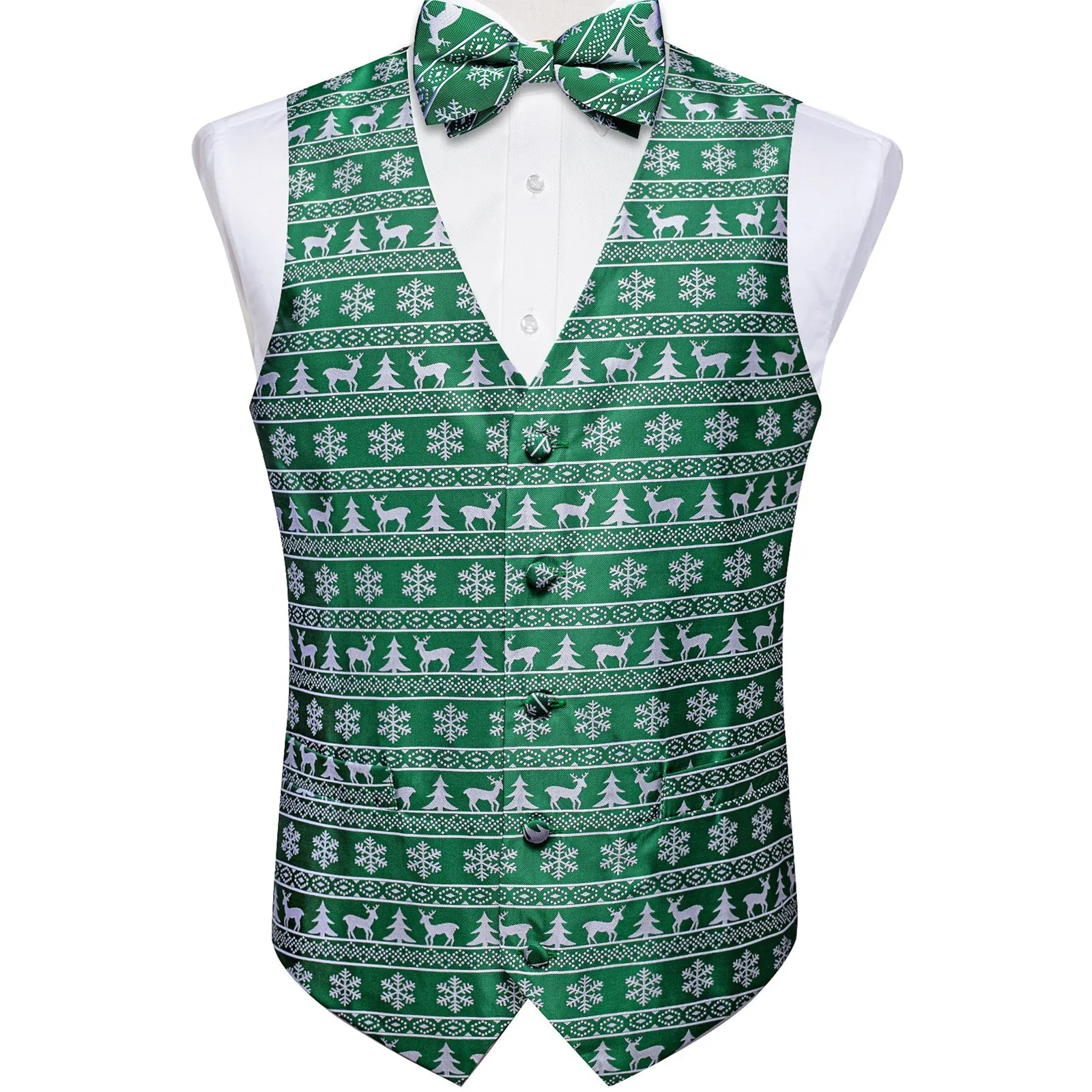 Ties2you Green Vest Novelty Christmas White Deer Men's Vest with Bow Tie Set