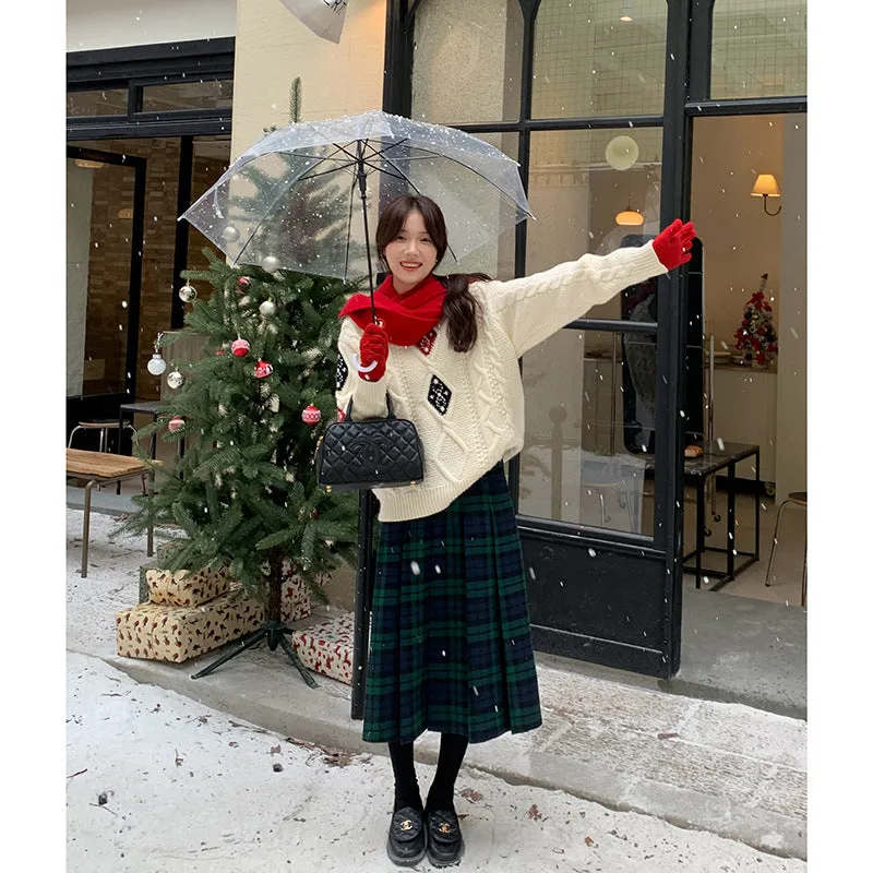 Toleet 2000s fashion Christmas outfits Plaid Pleated Skirt Women's Winter New High Waist A- line Skirt