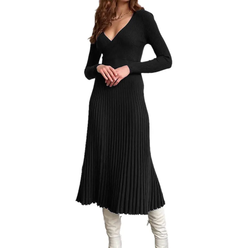 Toleet winter outfits Black Friday Christmas Thanksgiving 2024 Spring and Autumn Elegant Women's Long-Sleeved V-neck Wrapped Chest Mid-Length Knitted Pleated Dress Bottoming Skirt