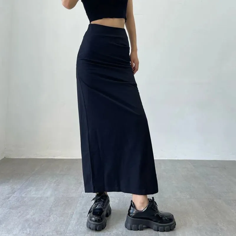 Toleet-Y2K Split Long Skirt Women 2023 Summer Skiny High Waisted Cargo Skirt Woman Black Gray Streetwear Midi Skirts Female