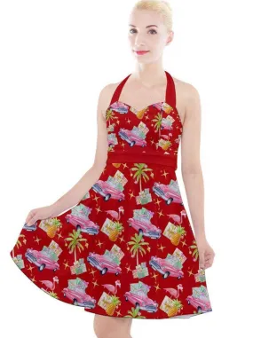 Tropical Christmas Halter Party Swing Dress [IN STOCK]