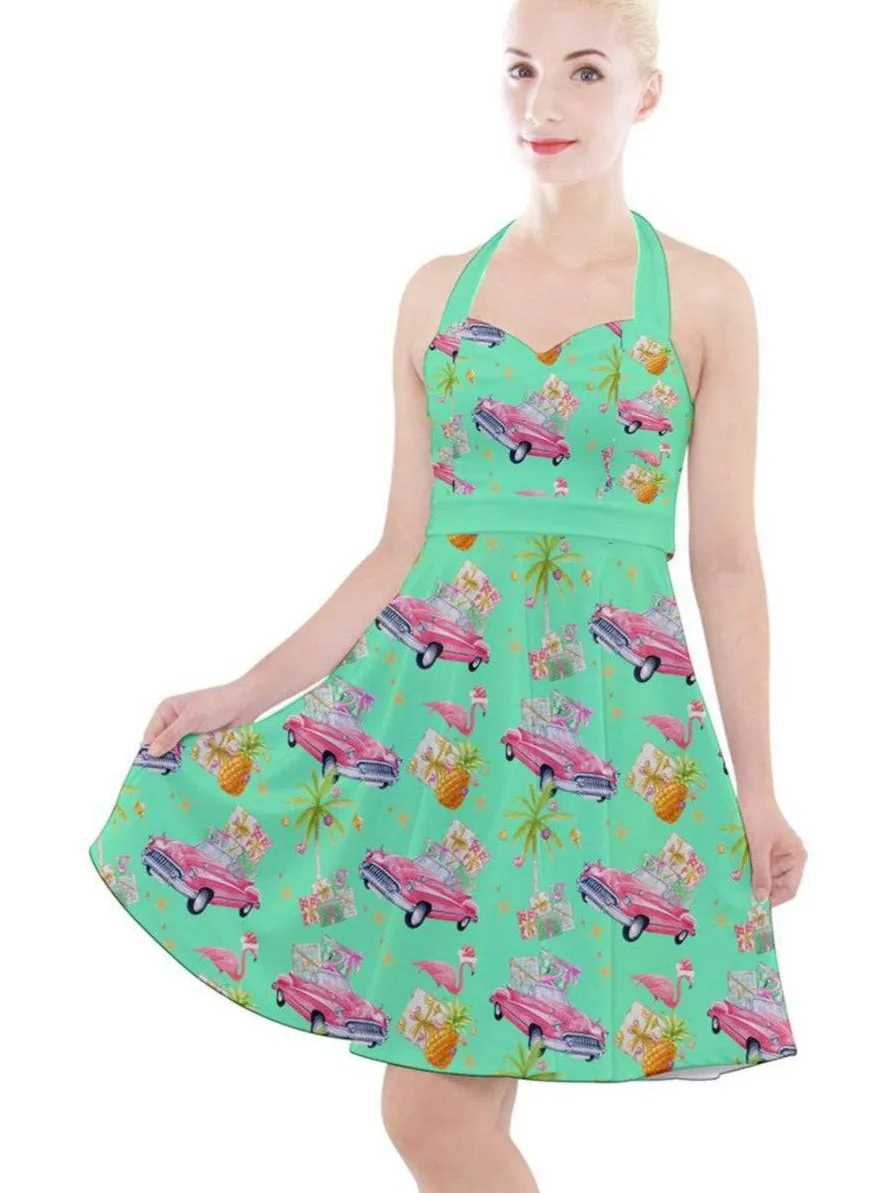 Tropical Christmas Halter Party Swing Dress