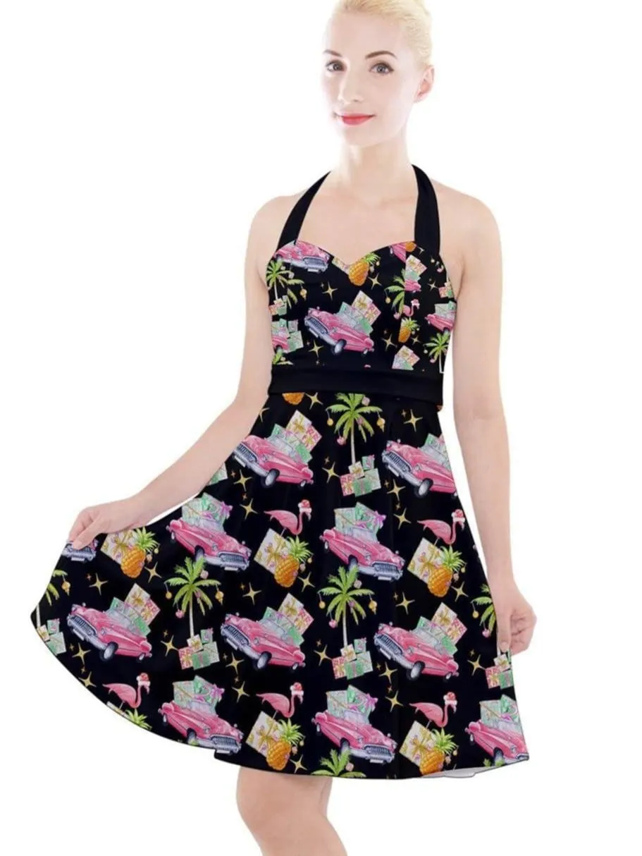 Tropical Christmas Halter Party Swing Dress