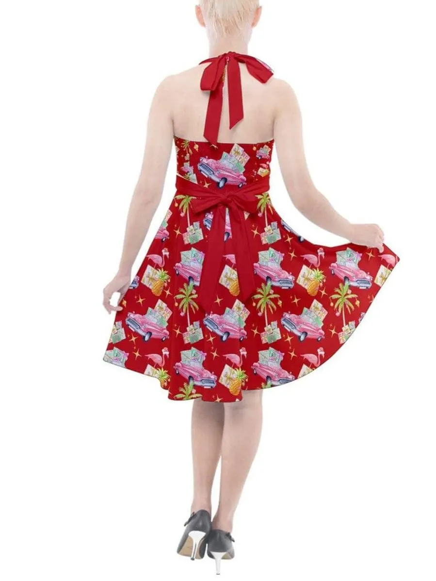 Tropical Christmas Halter Party Swing Dress