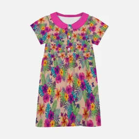 Tropical Peach Floral Baby Girl Short Sleeve Lapel Summer Dress