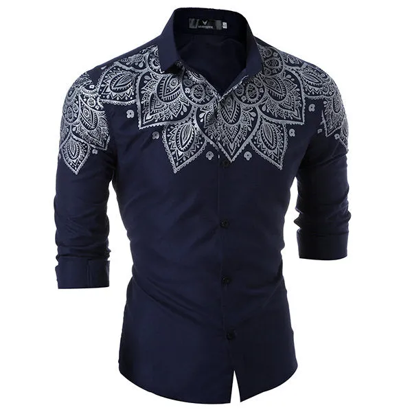 Turn Down Color Designer Dress Shirt for Men Formal Casual Slim Fit Printing Long Sleeve