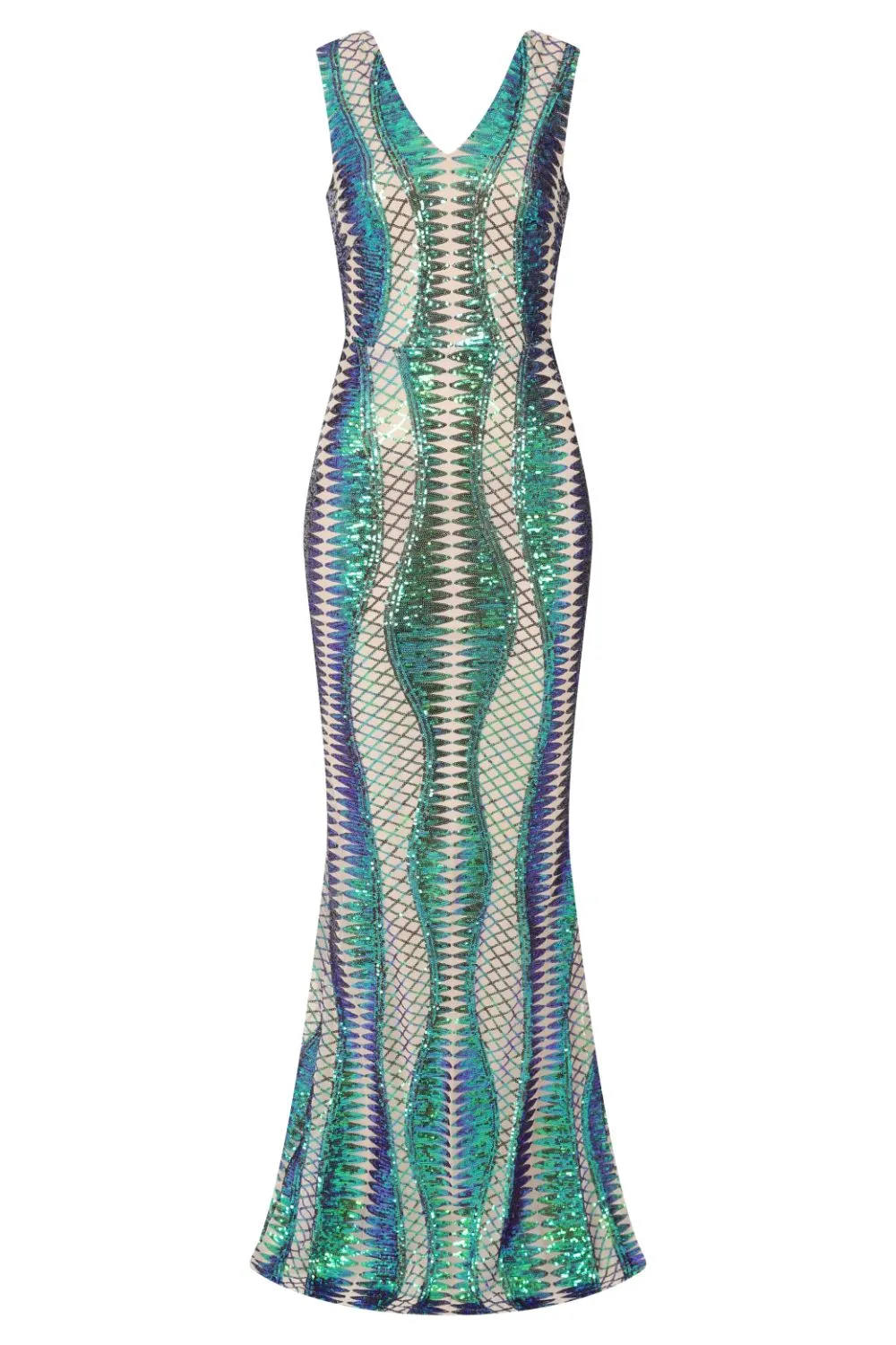 Twilight Green Nude Sequin Bandage Cage Bodycon Maxi Mermaid Dress