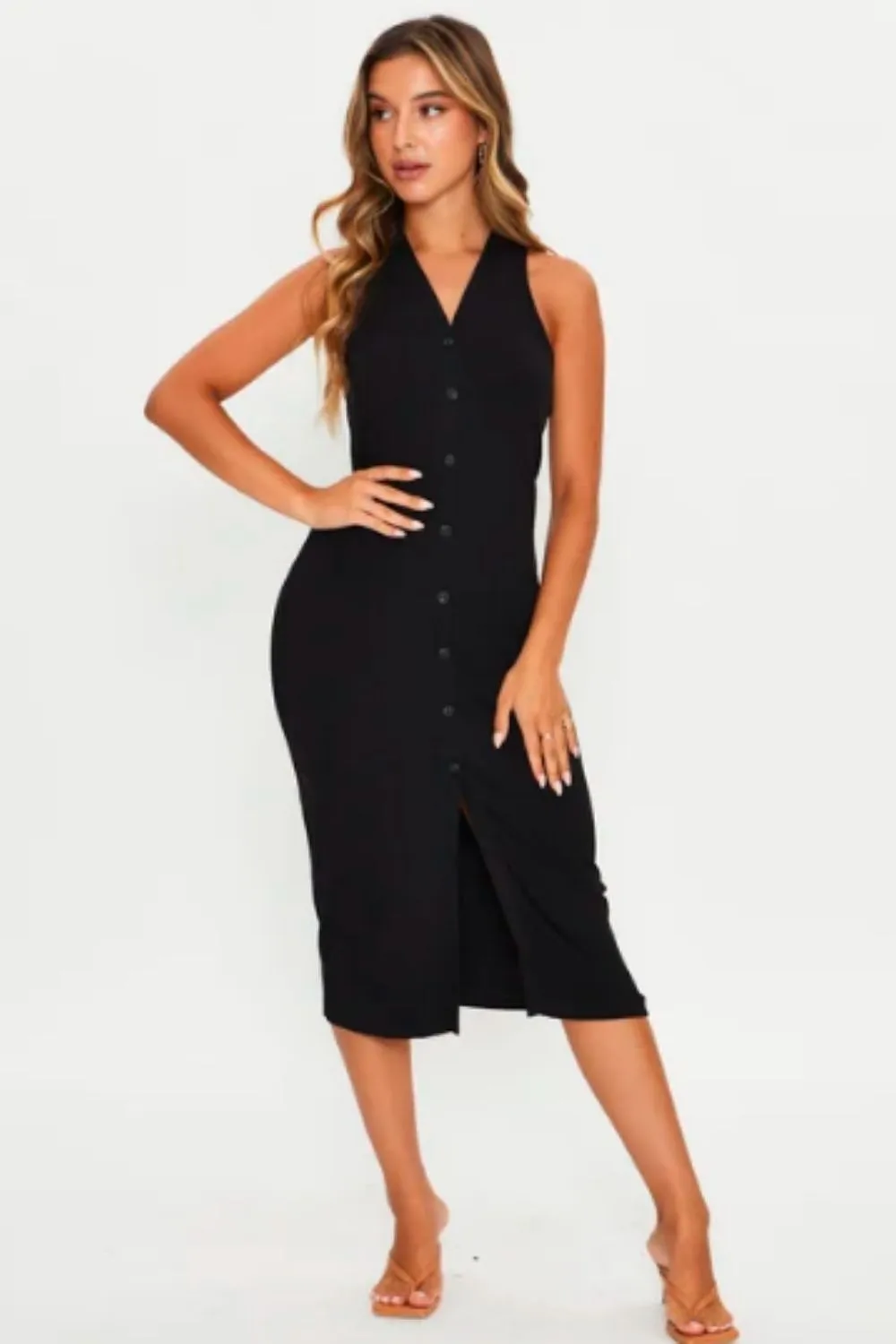 V Neck Button Down Midi Bodycon