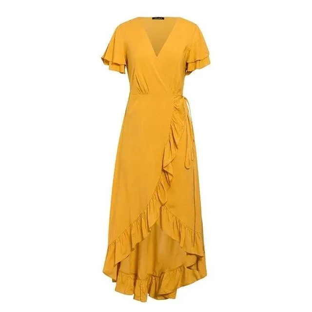 V-Neck Ruffled Boho Sexy Cotton Short Sleeve Maxi Dress