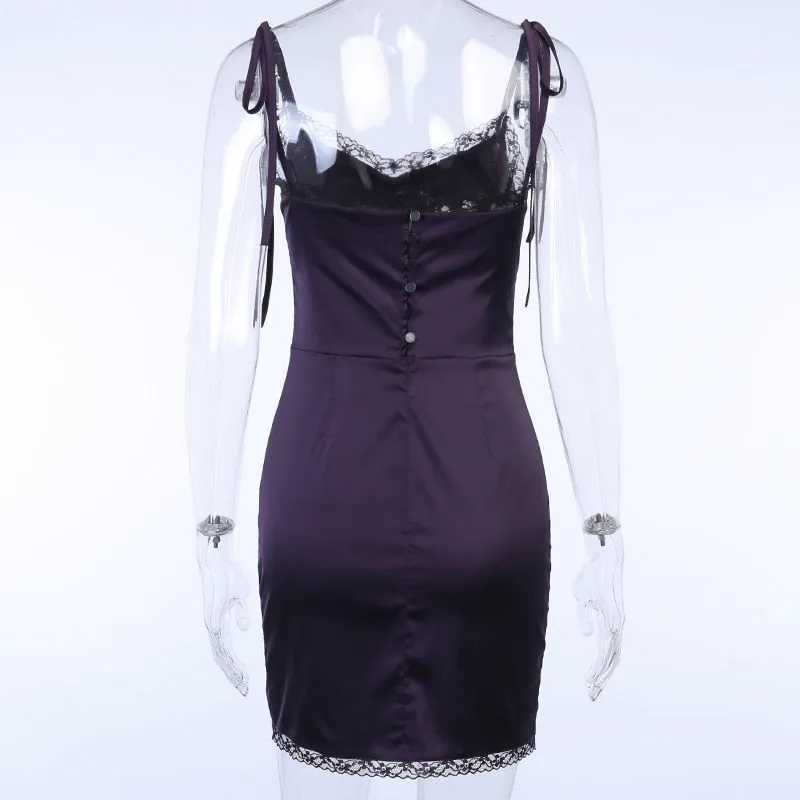 VenusFox InsGoth Sexy Spaghetti Straps Bodycon Gothic Black Dress Women Streetwear Black Lace Up Mini Female Dress Casual Purple Dress