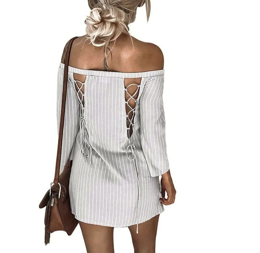 VenusFox Striped Off Shoulder Shirt Dress