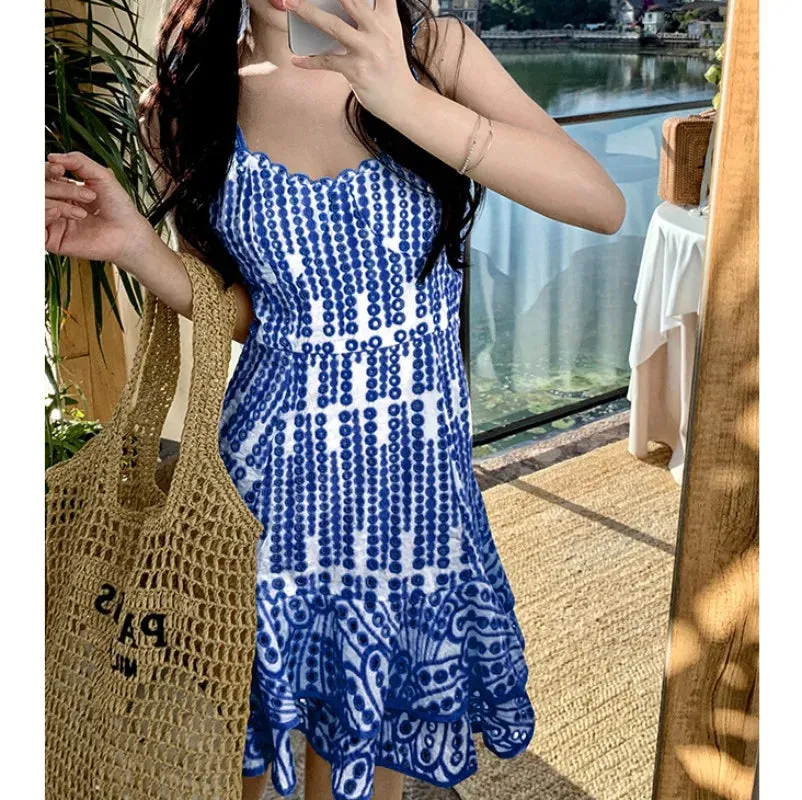 Vevesc Blue Flora Embroidery Women Dress Bodycon Summer Vacation Hollow Out Clothing Ladies Spaghetti Strap Vestido Vintage