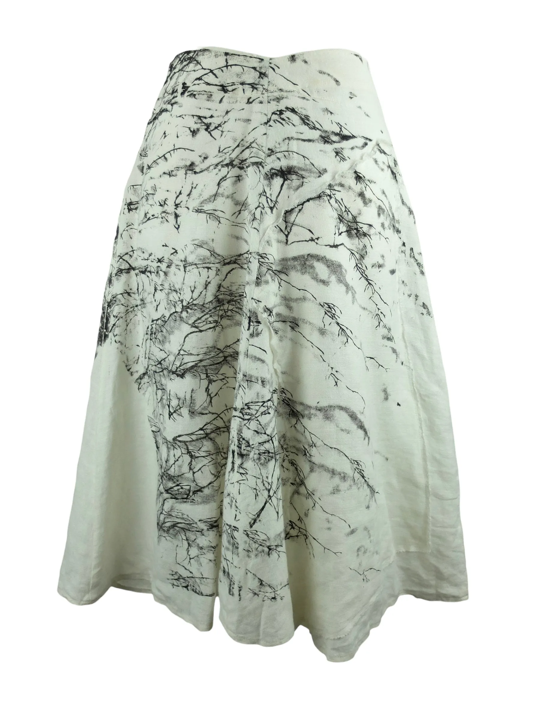 Vintage 2000s Y2K Bohemian Screenprinted Linen Asymmetrical White & Black Nature Tree Print Midi Skirt | 31 Inch Waist