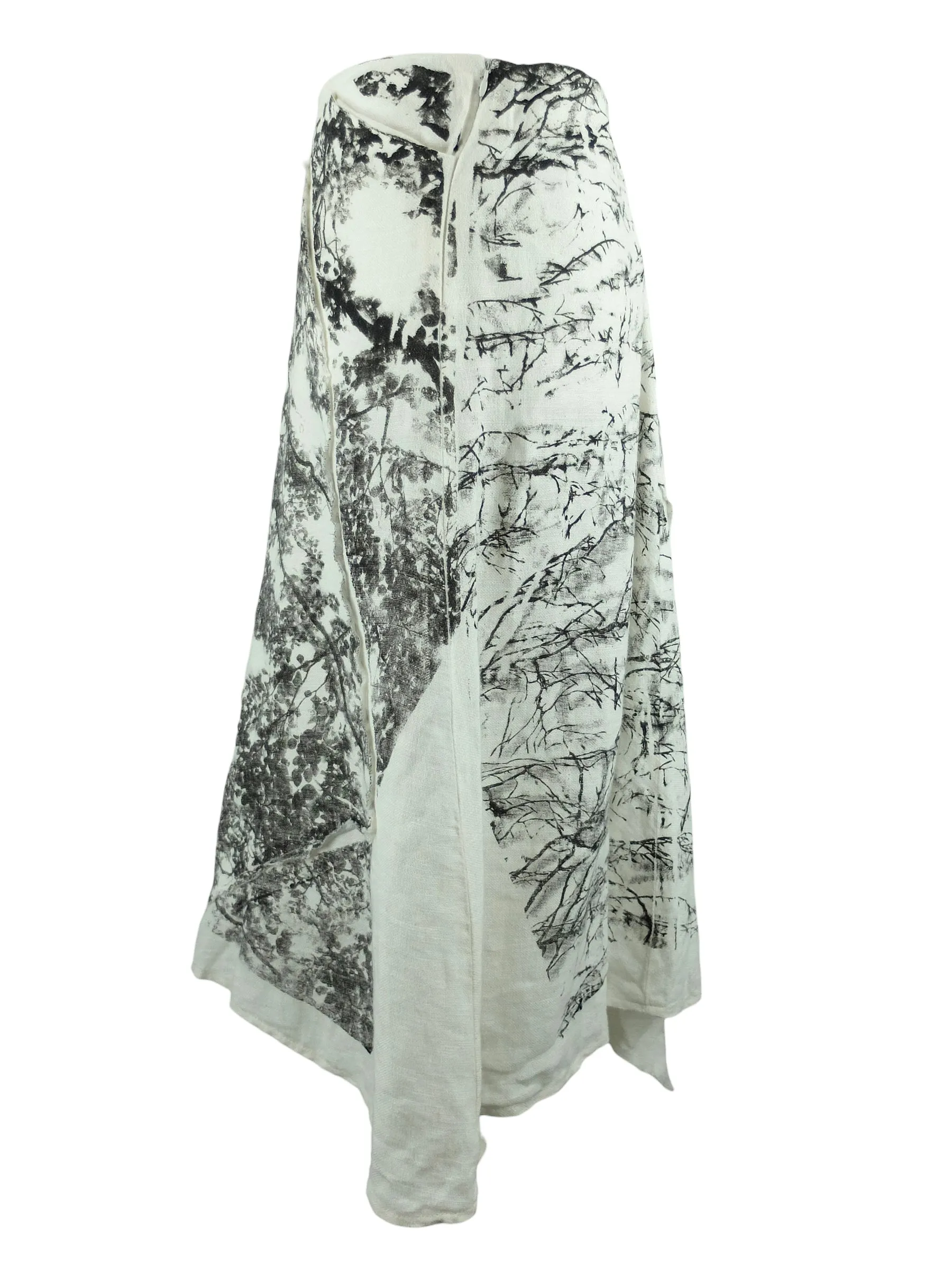 Vintage 2000s Y2K Bohemian Screenprinted Linen Asymmetrical White & Black Nature Tree Print Midi Skirt | 31 Inch Waist