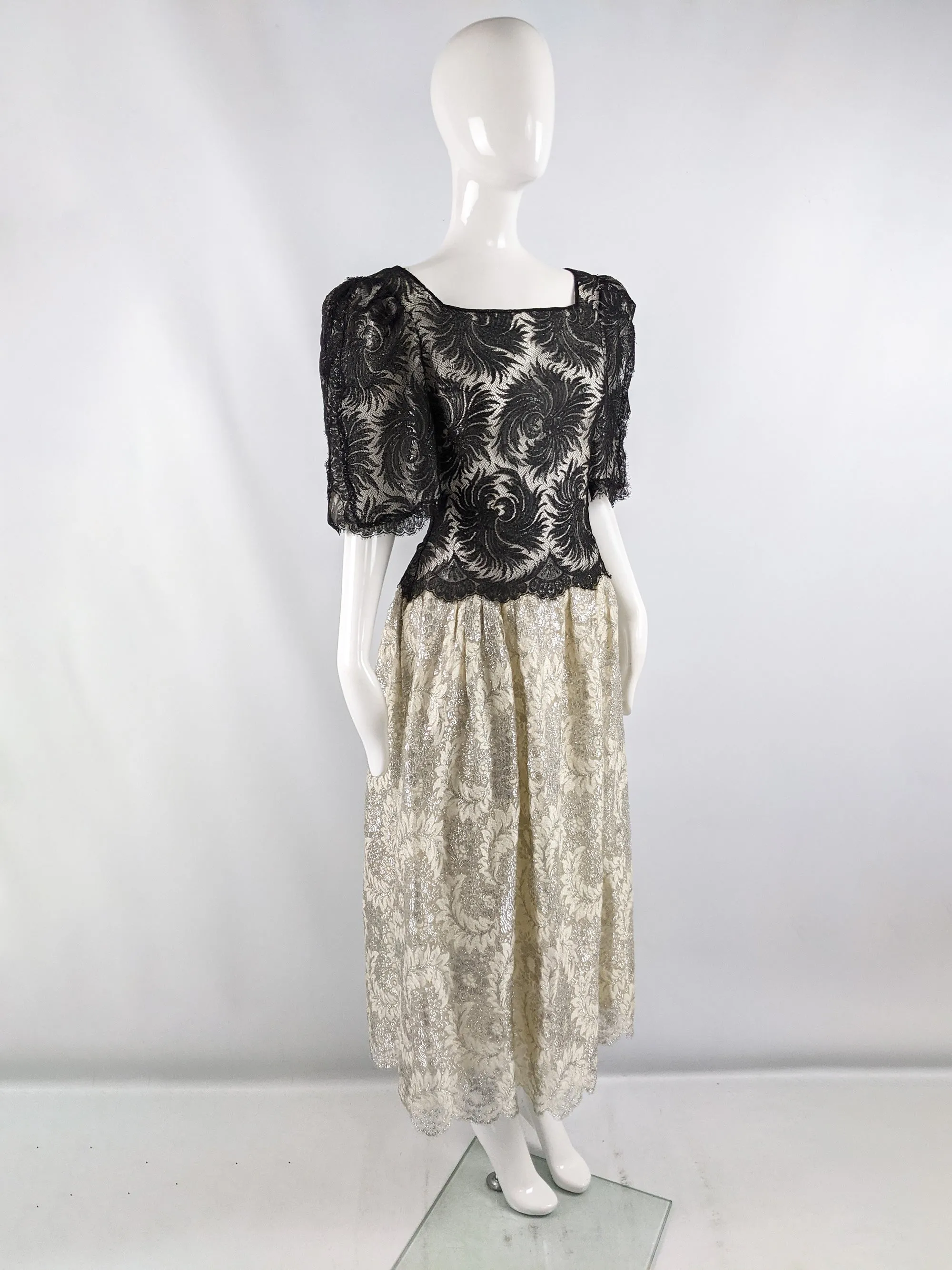 Vintage Sheer Black & Gold Lace Evening Dress, 1980s