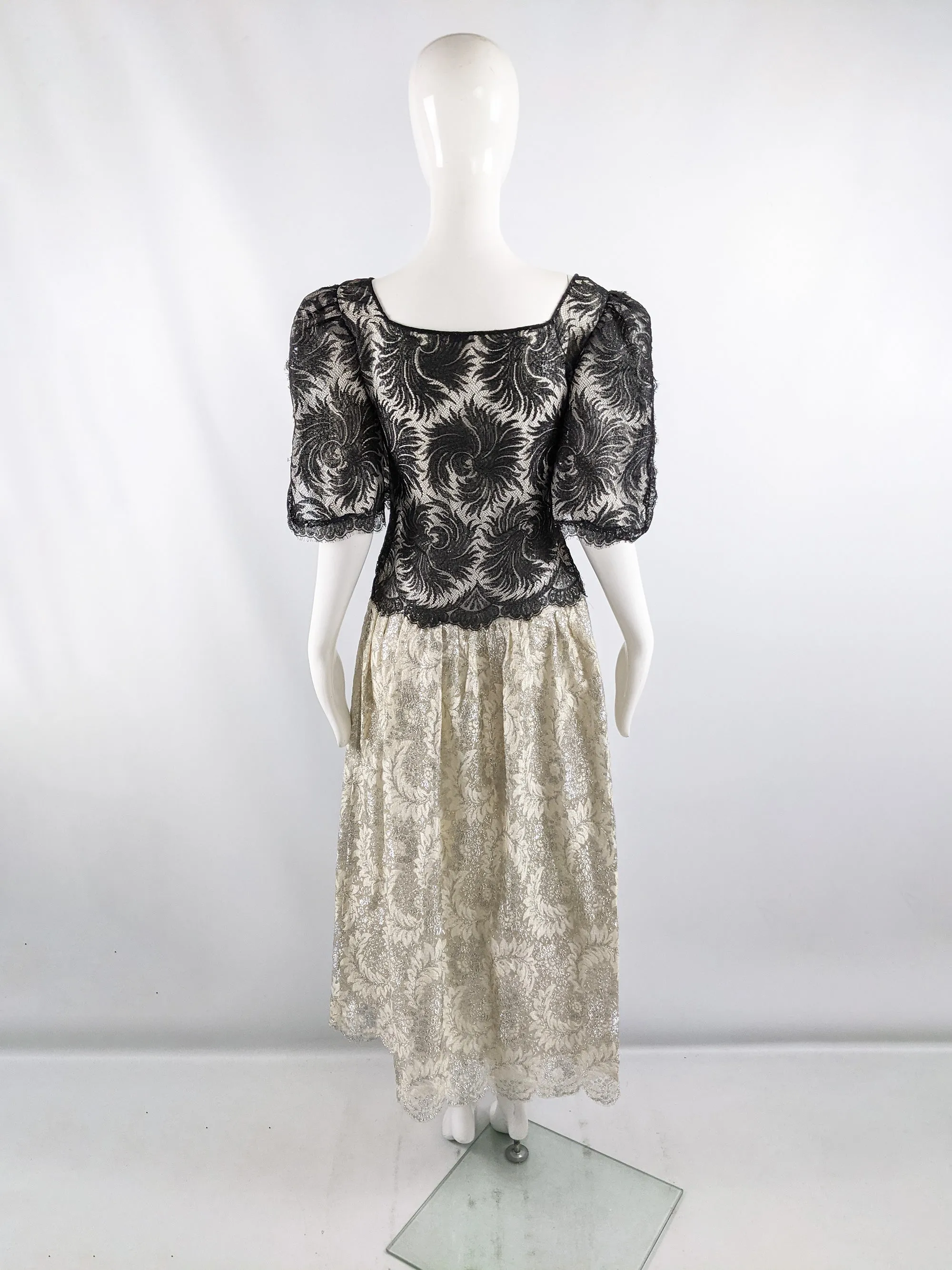 Vintage Sheer Black & Gold Lace Evening Dress, 1980s