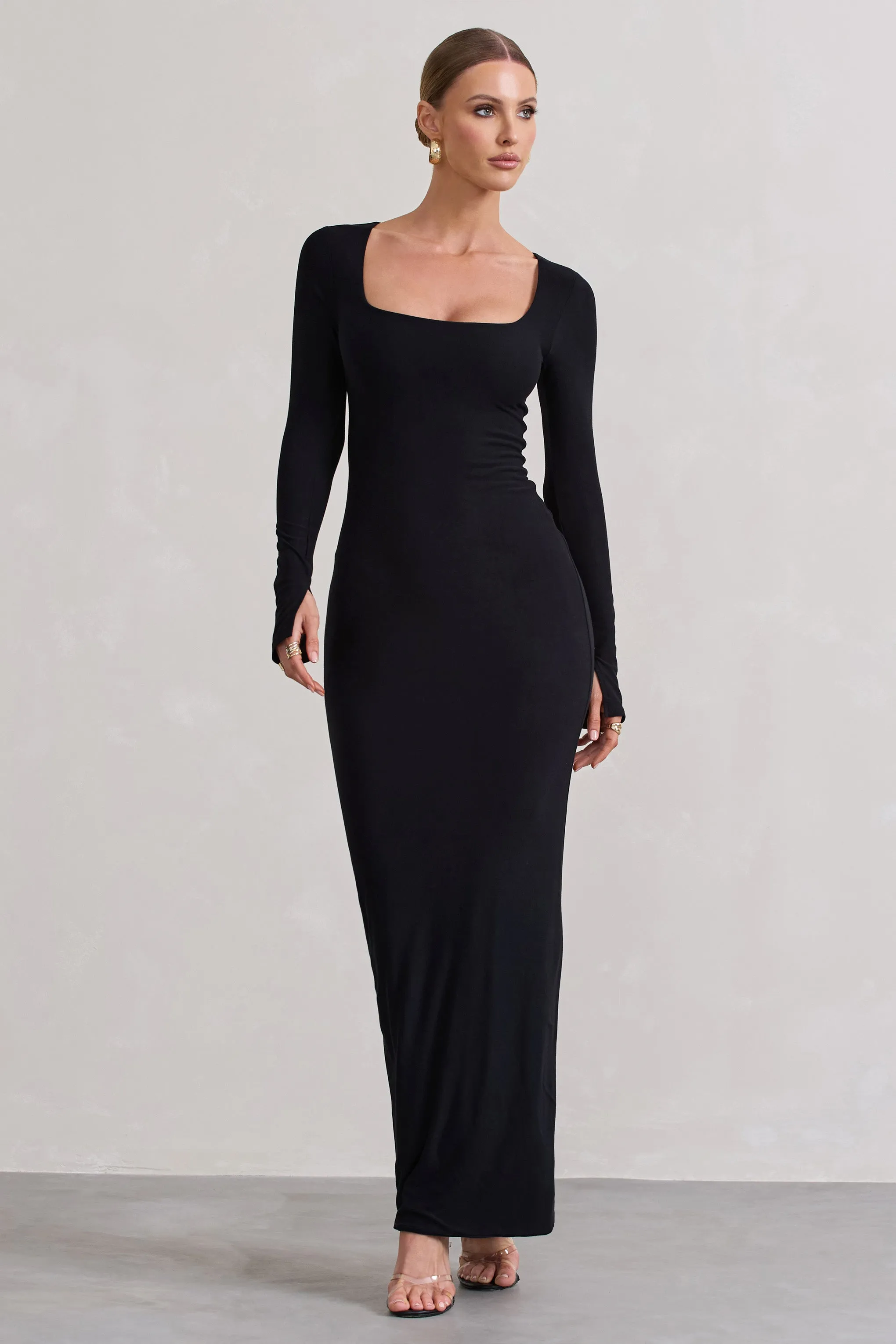 Viva | Black Square-Neck Long-Sleeve Maxi Dress