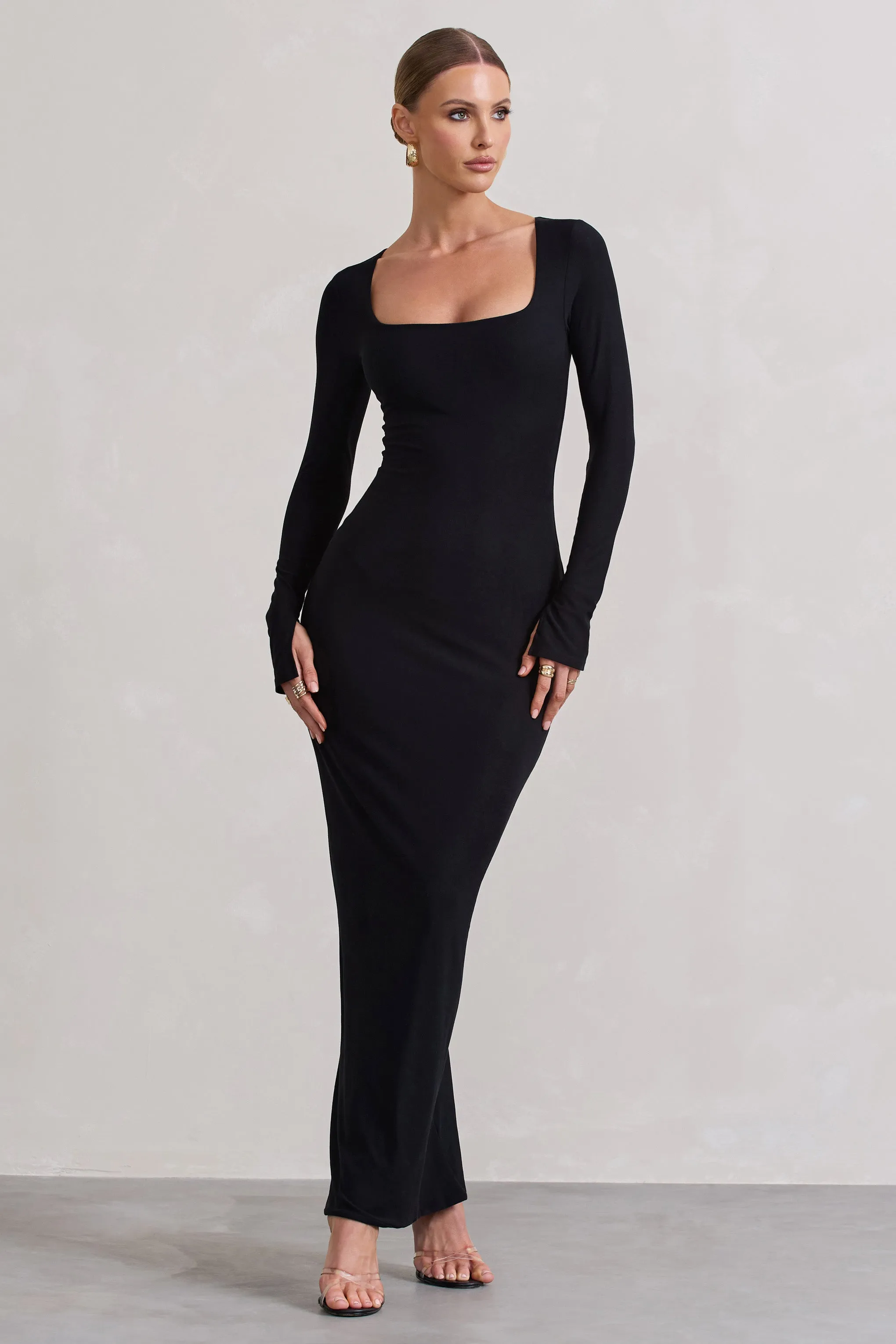 Viva | Black Square-Neck Long-Sleeve Maxi Dress