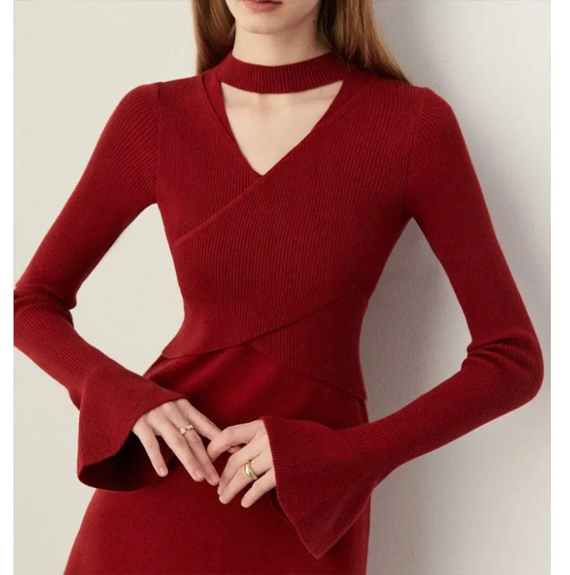 Wenkouban winter outfits Black Friday Christmas Thanksgiving French Style Red Knitted Dress Women's Autumn and Winter Half Turtleneck Hollow-out Slim Sweater Dress