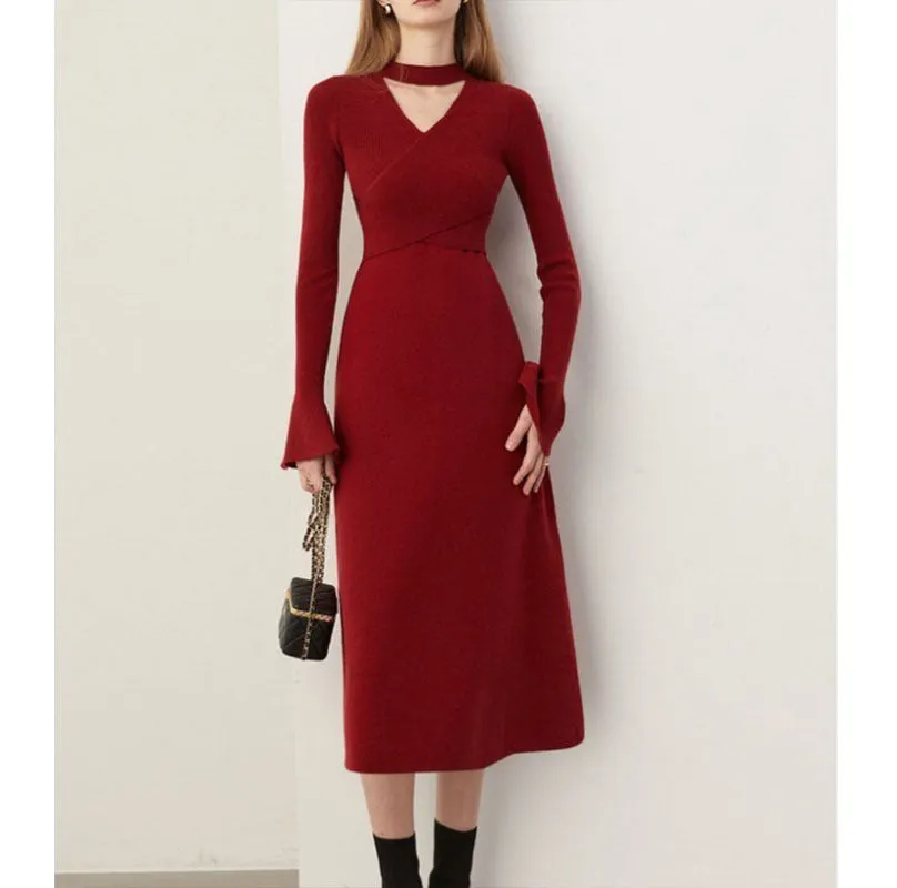 Wenkouban winter outfits Black Friday Christmas Thanksgiving French Style Red Knitted Dress Women's Autumn and Winter Half Turtleneck Hollow-out Slim Sweater Dress