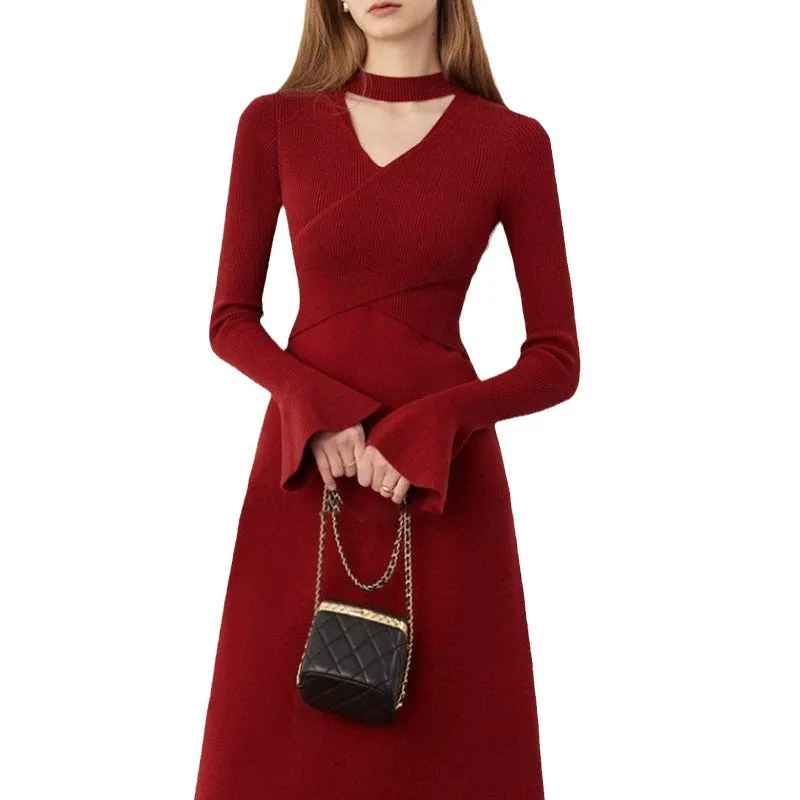 Wenkouban winter outfits Black Friday Christmas Thanksgiving French Style Red Knitted Dress Women's Autumn and Winter Half Turtleneck Hollow-out Slim Sweater Dress