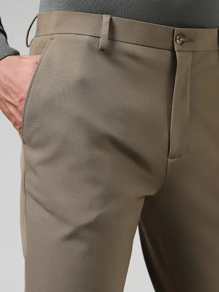 WES Formals Solid Khaki Slim-Fit Mid-Rise Trousers