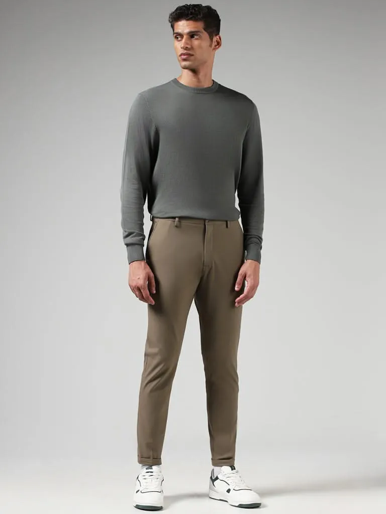 WES Formals Solid Khaki Slim-Fit Mid-Rise Trousers