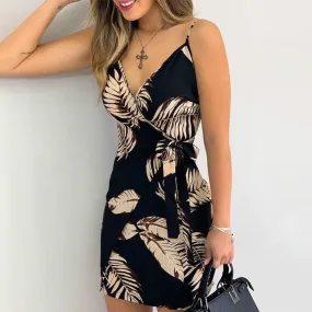 Wjczt 2021 Summer Women Holiday Floral Leaves Print Bodycon V-neck Mini Dress Female Spaghetti Strap Bohemian Beachwear Bow Belt