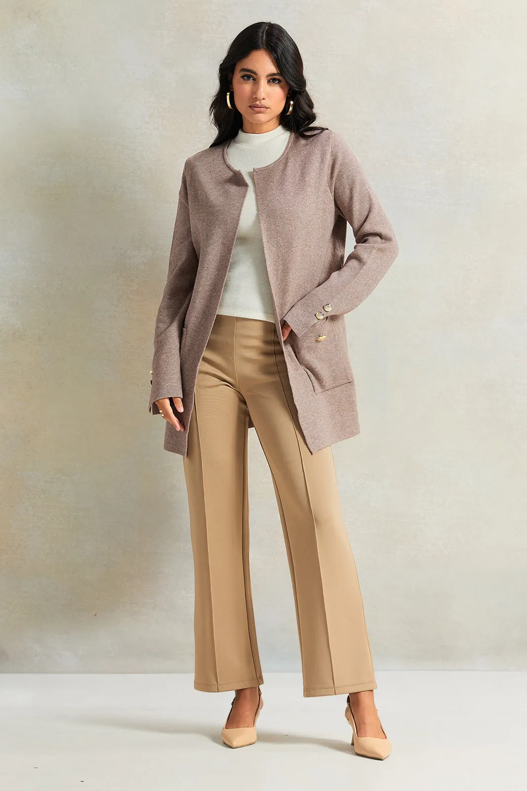 Women Beige Long Cardigan With Front Two Pockets