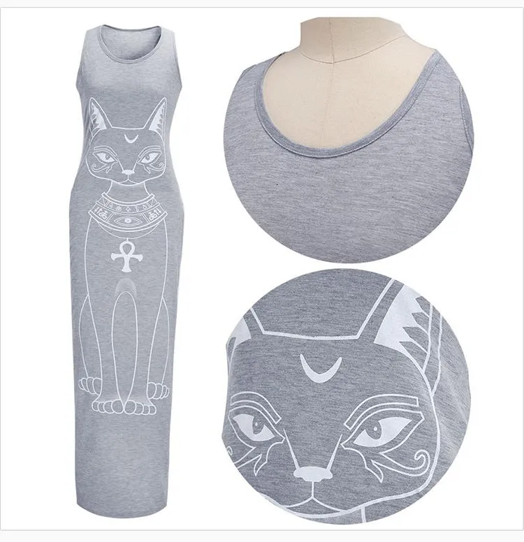 Women Casual Cat Print Boho Beach Dress