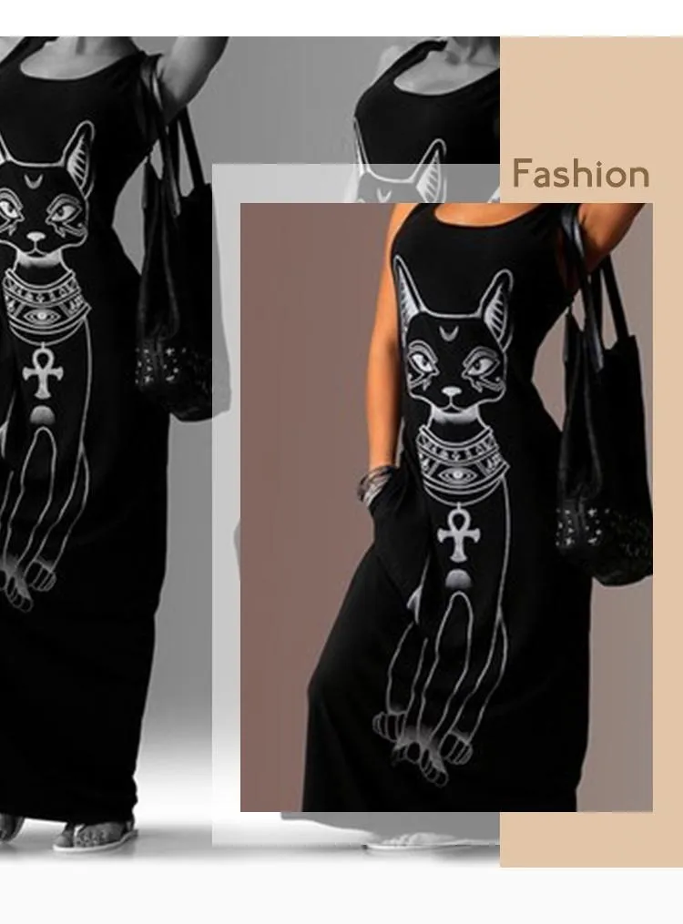 Women Casual Cat Print Boho Beach Dress