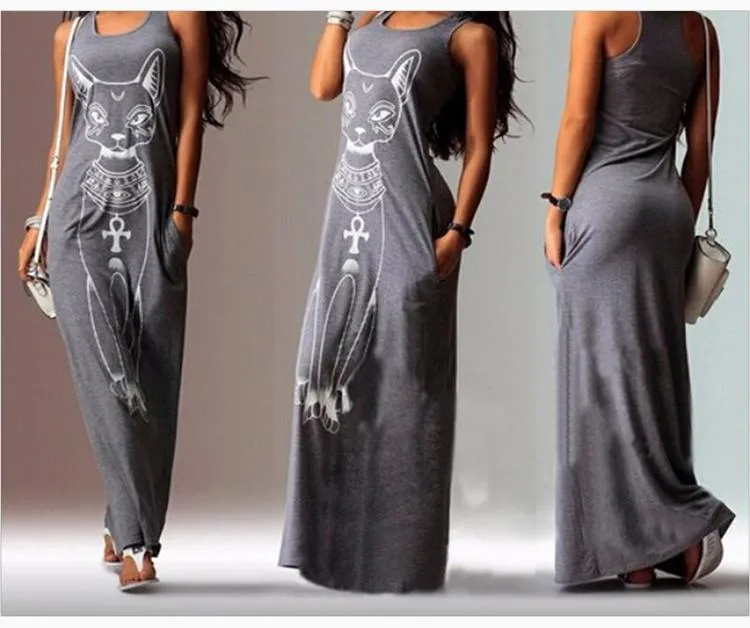 Women Casual Cat Print Boho Beach Dress