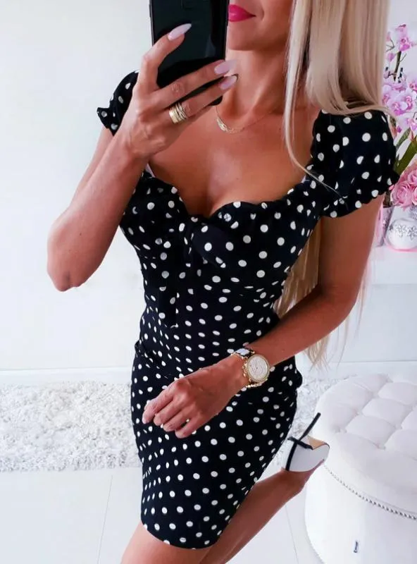 WOMEN GIRL BOHO POLKA DOT SEXY BODYCON DRESS