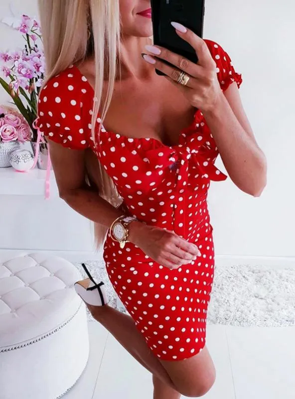 WOMEN GIRL BOHO POLKA DOT SEXY BODYCON DRESS