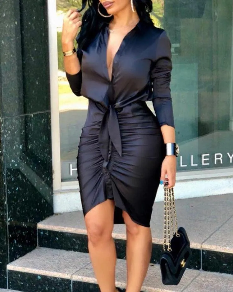 Women Lace-up Solid Color Long Sleeve Midi Dress Elegant Fashion