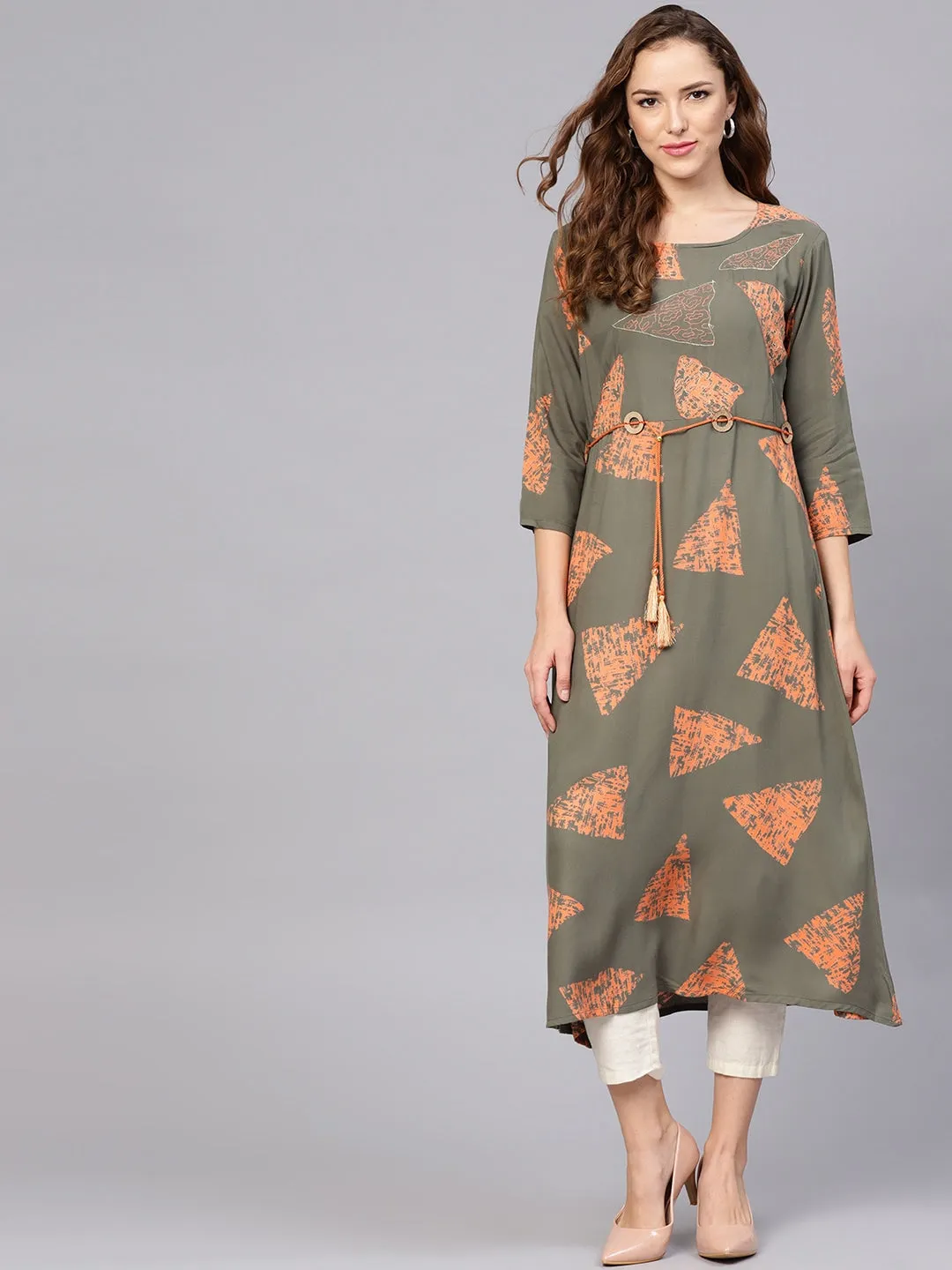 Women Olive Green & Orange A-Line Kurta