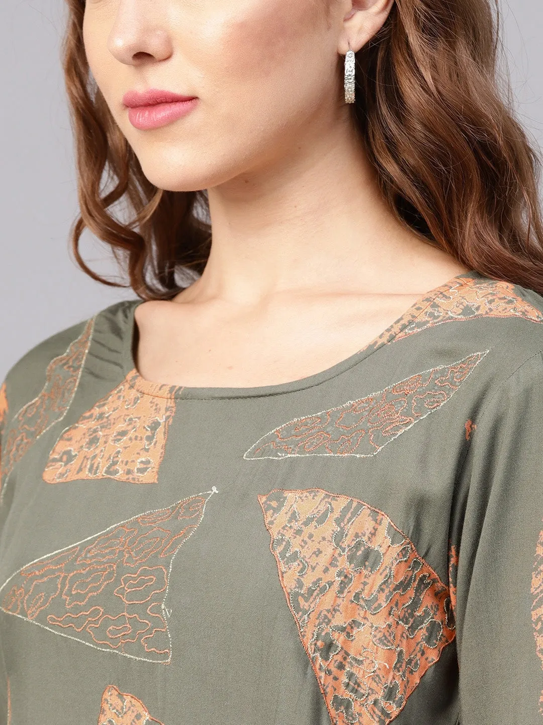 Women Olive Green & Orange A-Line Kurta