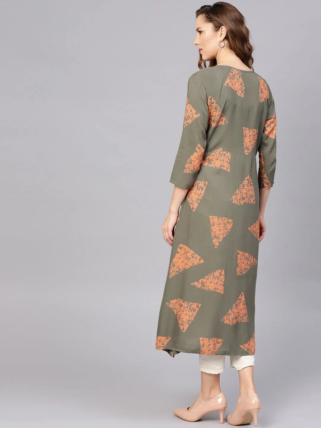 Women Olive Green & Orange A-Line Kurta