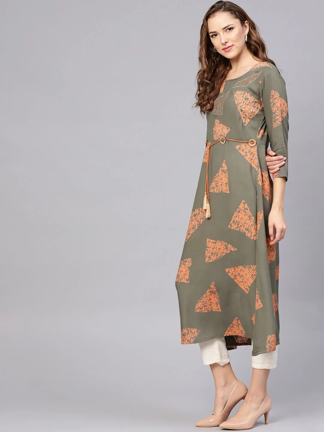 Women Olive Green & Orange A-Line Kurta