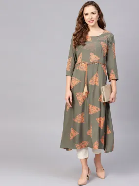 Women Olive Green & Orange A-Line Kurta