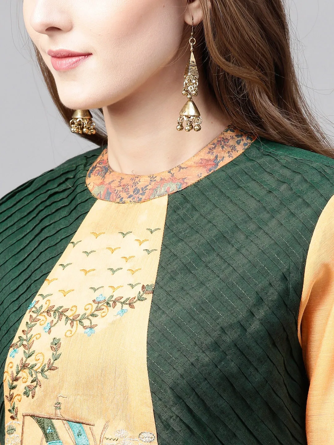 Women Orange & Green A-Line Kurta