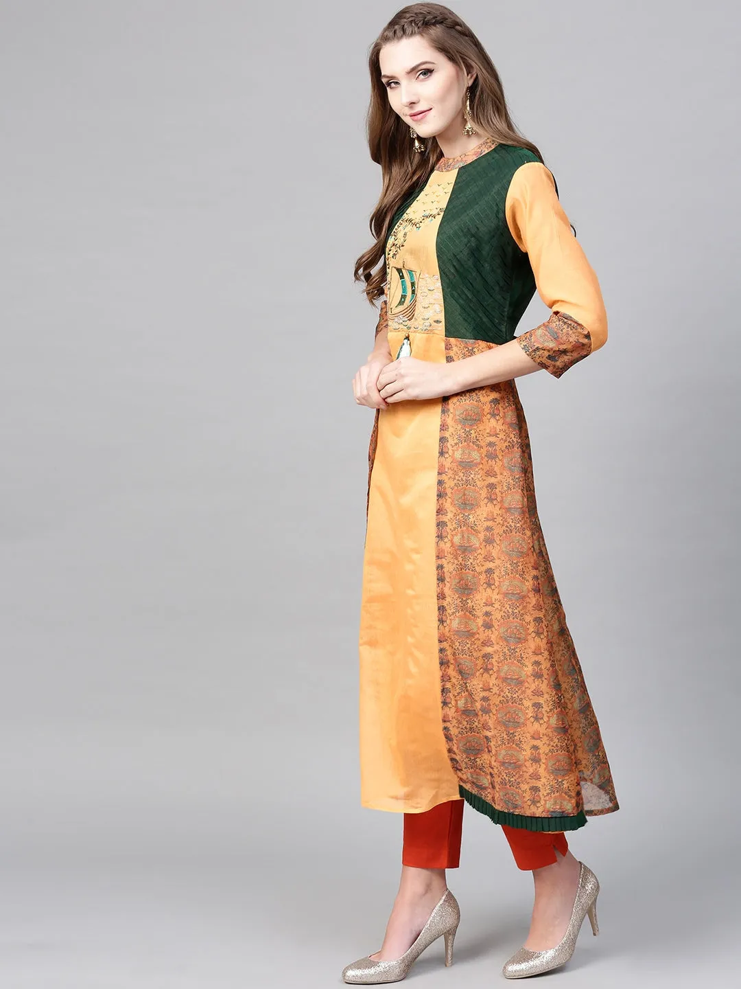 Women Orange & Green A-Line Kurta