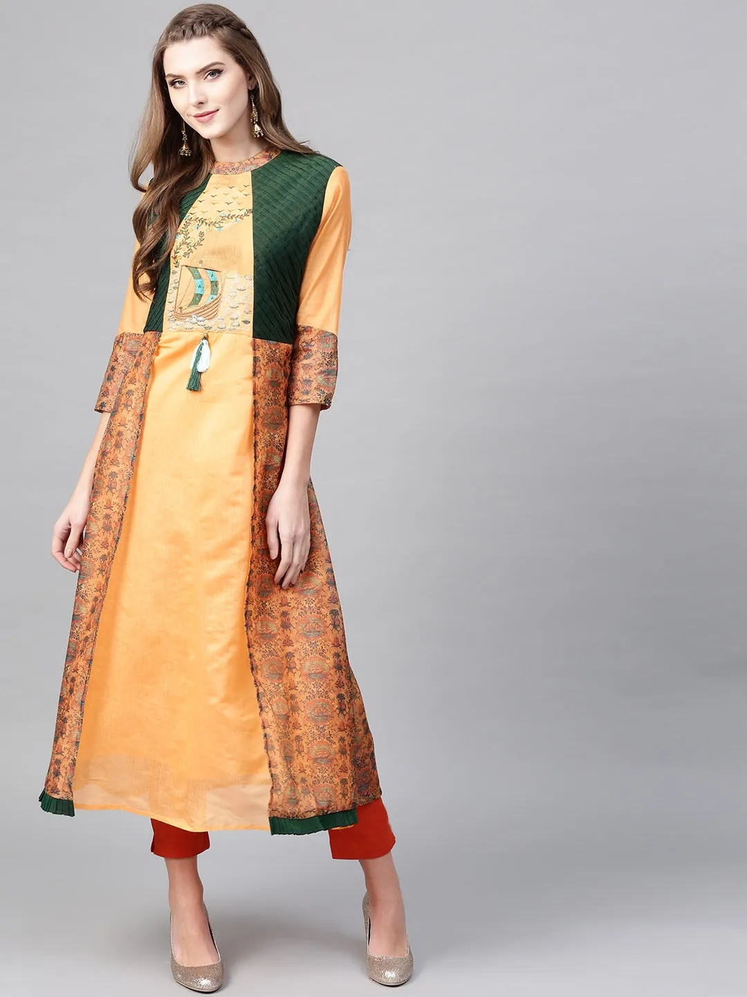 Women Orange & Green A-Line Kurta