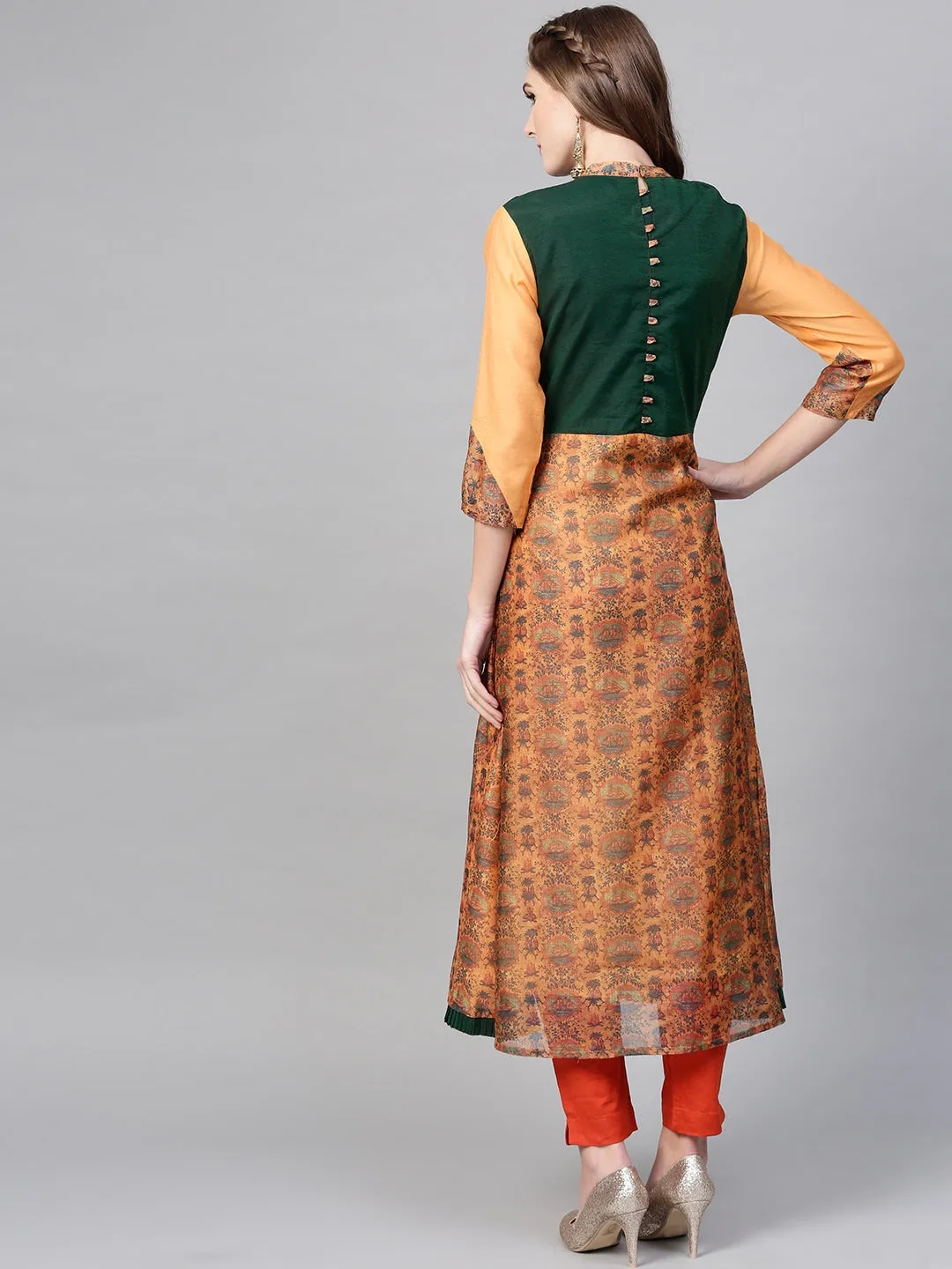 Women Orange & Green A-Line Kurta