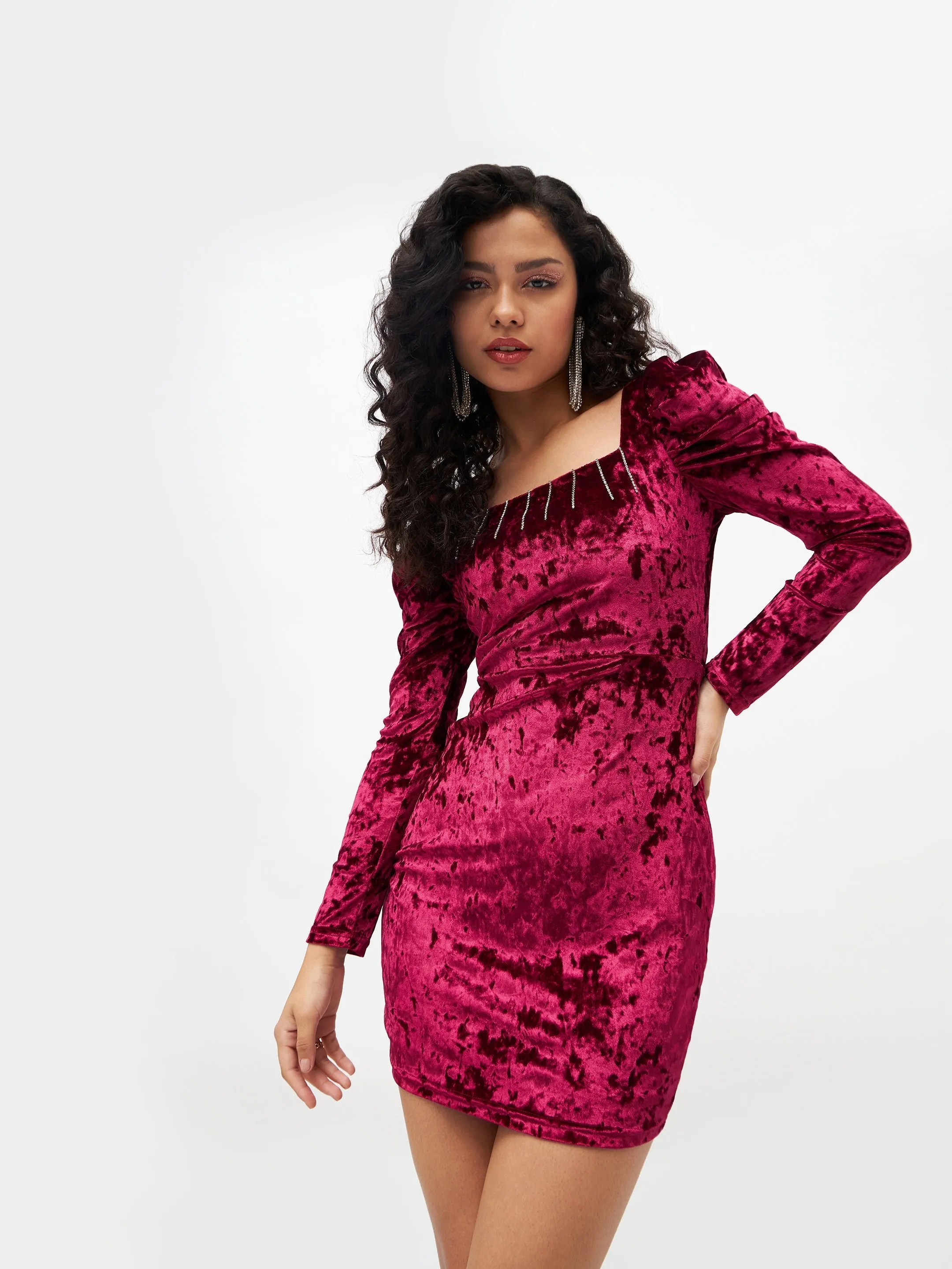 Women Red Velvet Puff Sleeves Bodycon Dress